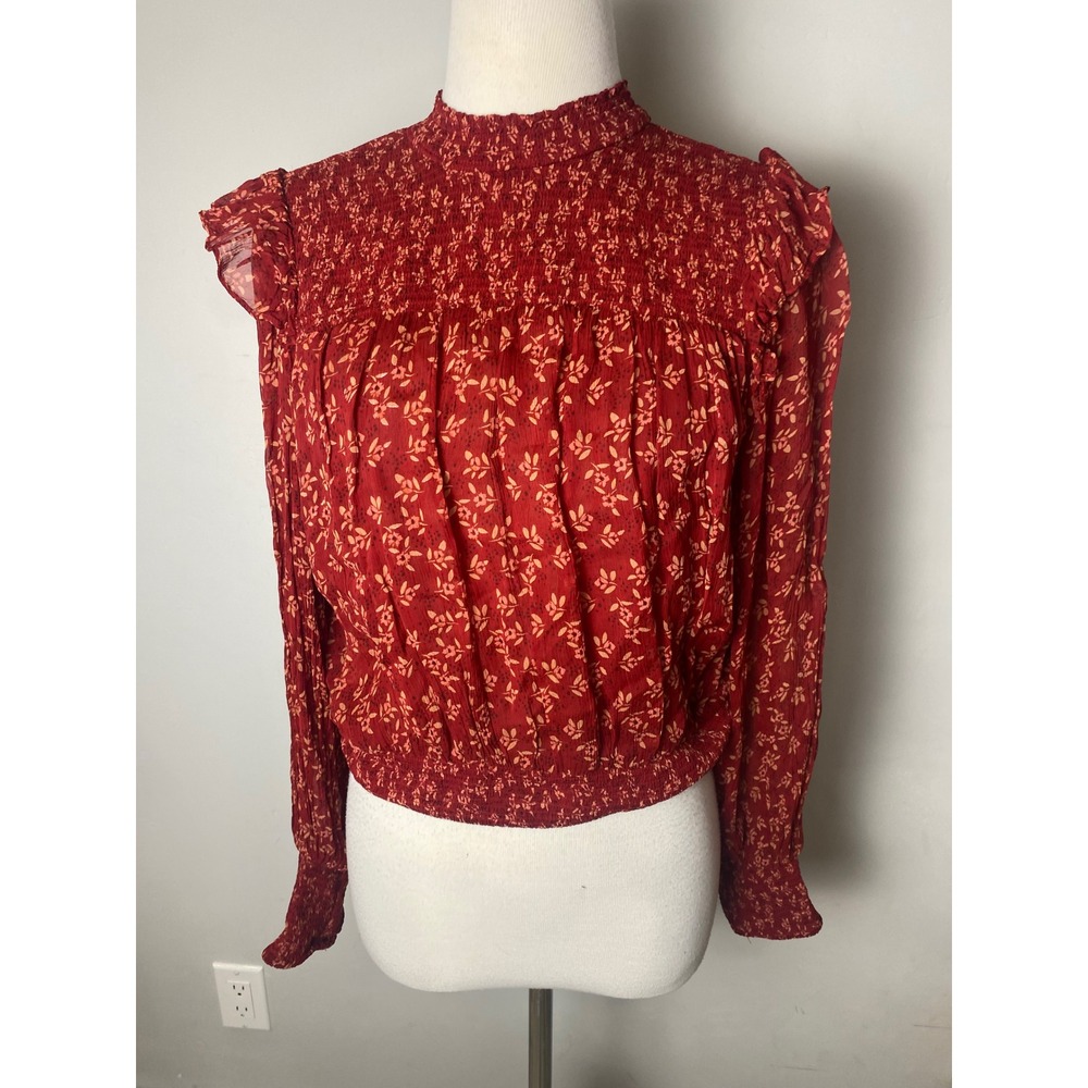 Free People Red Floral Smocked Ruffle Blouse Sheer Long Sleeve Tie Back Top